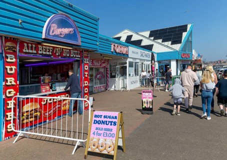 Seaside takeway shops on the seafront, Felixstowe, Suffolk, England, UK