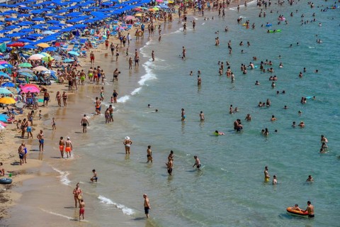 Many tourists at Playa Levante, Benidorm, Alicante province, Costa Blanca, Spain, Europe