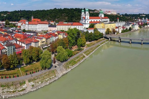 Aerial view, River Inn, Marienbrücke, St. Stephan's Cathedral, Old Town, Three Rivers City of