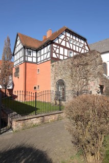 Half-timbered house with historic town wall, Bad Soden, Bad Soden-Salmünster, Spessart, Hesse,