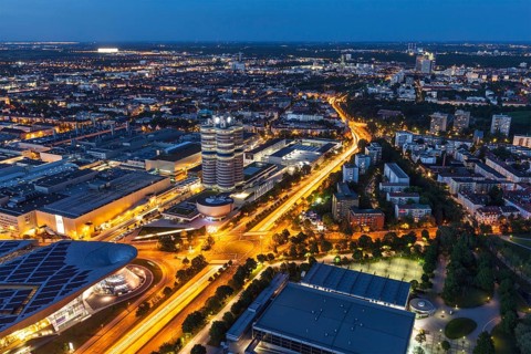 MUNICH, GERMANY, MAY 11: Aerial view of BMW Museum & BWM Welt & factory from Olympic Tower in the
