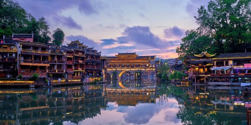 Chinese tourist attraction destination, panorama of Feng Huang Ancient Town (Phoenix Ancient Town)