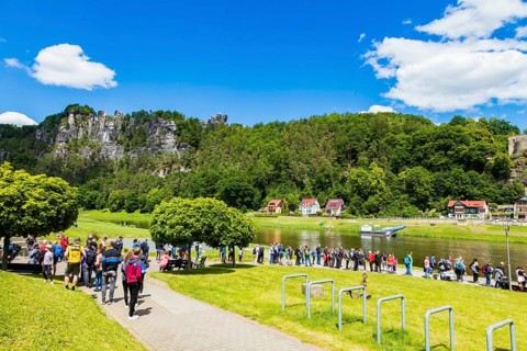 Rathen in Saxon Switzerland, queue for the ferry across the Elbe River