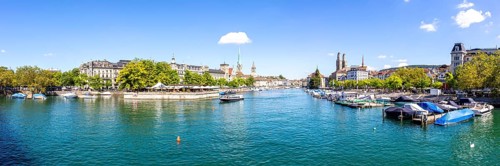 Zurich Skyline City on the River Limmat Panorama in Zurich, Switzerland, Europe