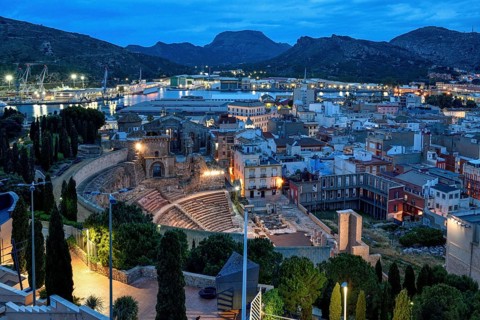 Teatro Romano, blue hour, Roman amphitheater, in the old town of Cartagena, Murcia region, Spain,