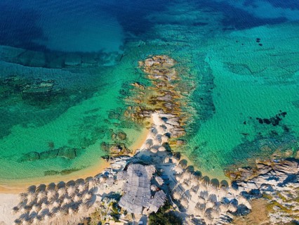 Aerial view, Tigania beach, Kriaritsi, Sithonia, Chalkidiki, Central Macedonia, Greece, Europe