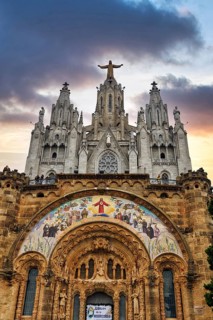 Sagrat Cor church with statue of Christ, evening sky, Tibidabo, Barcelona, Catalonia, Spain, Europe