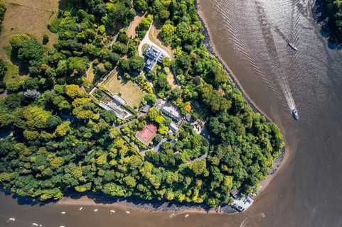 Top Down view of Greenway and River Dart from a drone, Devon, England, United Kingdom, Europe