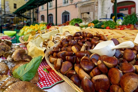 Vegetable stall with chestnuts, chestnuts, mushrooms, Via Domenico Cavalca, Old Town, Pisa,