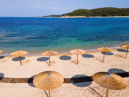 Aerial view, sunshades, Ema beach, Toroni, Torone, Sithonia, Chalkidiki, Central Macedonia, Greece,