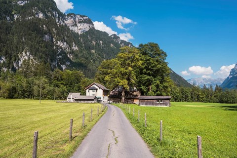 Farm track with farm settlement and Vorauen inn, Klöntal, Canton Glarus, Switzerland, Europe