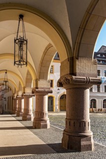 Arcade of New Town Hall building, Lower Market Square, Untermarkt, Görlitz, Goerlitz, Germany,