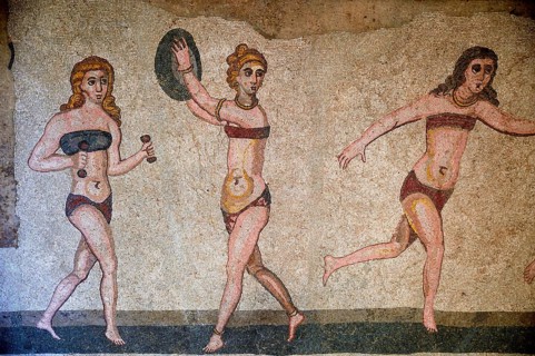 Floor mosaic of three women in bikini during sports, Bikini Girls' Hall, Villa Romana del Casale,
