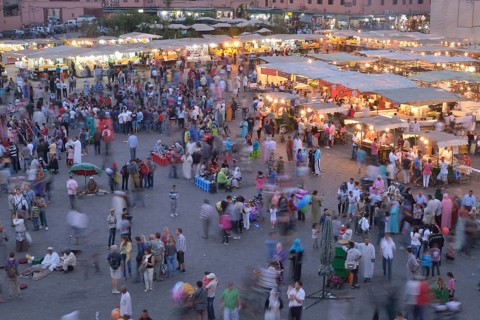 Food stalls in the Djemaa el Fna market square, Marrakesh, Marrakesh-Tensift-El Haouz region,