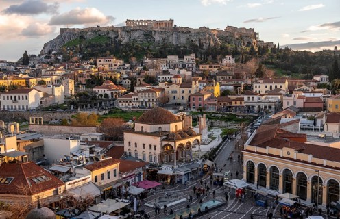 View over the old town of Athens, with Tzisdarakis Mosque and Acropolis, Monastiraki Square, in the