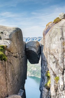 Kjeragbolten, trapped rock above the Lysefjord, Kjerag, Lysebotn, Rogaland, Norway, Europe