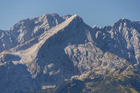 Panorama from Wank, 1780m, onto the Wetterstein Mountains with Alpspitze, 2628m, Werdenfelser Land,