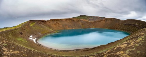 Volcanic crater with blue lake, volcanic lake, crater lake Viti at the central volcano Krafla,
