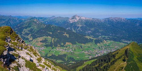 Panorama from the Walser Hammerspitze, 2170m, into Kleinwalsertal, Allgäu Alps, Vorarlberg,
