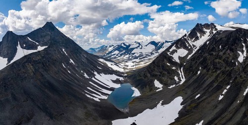 Kaskasavagge valley with glacier and mountains, Kuopertjåkka mountain, Gaskkasjohka river,