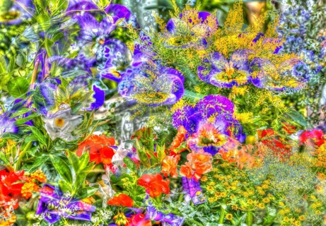 Oilpainting-like picture, various bright flowers, spring, large-flowered field pansy, viola (plant)