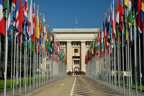 United Nations, UNO, UN, Flag Court, Palais des Nations, Geneva, Canton of Geneva, Switzerland,