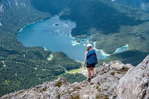 Mountaineer at Waxenstein, Eibsee lake, Wetterstein Mountains, Garmisch-Patenkirchen, Bavaria,