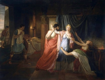 Proculeius prevents Cleopatra from stabbing herself, prevents suicide, Pharaoh Cleopatra VII born