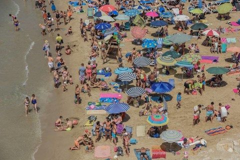 Tourists at the Playa Mal Pas, Benidorm, Province of Alicante, Costa Blanca, Spain, Europe