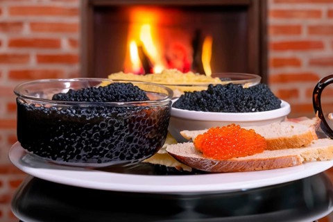 Different kinds of caviar with bread and beverages, AI generated