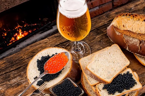 Different kinds of caviar with bread and beverages, AI generated