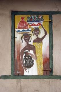 Painted and decorated window shutters of house, Klouto, Togo, West Africa, Africa