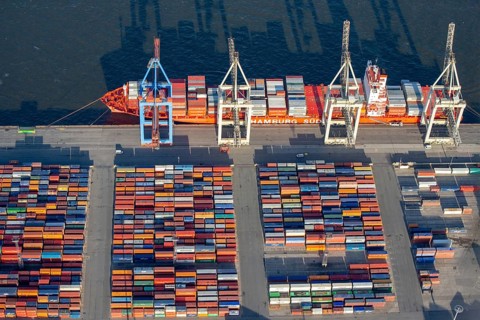 Aerial view of the container ship of the shipping company Hamburg Süd the Santa Teresa at the