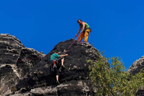 Climbers in the Schrammstein area in Saxon Switzerland