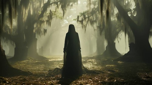 Ghostly female figure silhouette standing or walking amidst the spooky halloween fog outside,