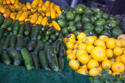 Freshly picked selections of organic vegetable varieties on display at the farmers market