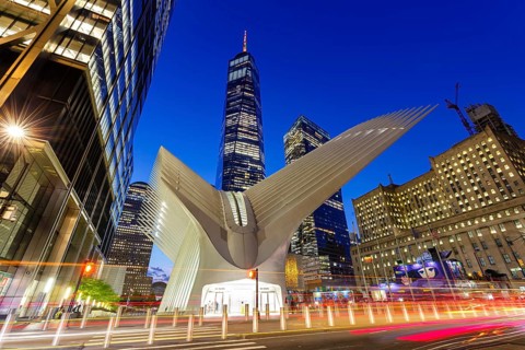 One World Trade Centre WTC with Oculus station modern architecture by Santiago Calatrava in