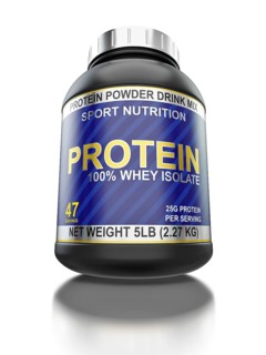 Sport nutrition, bodybuilding supplements, diet concept, whey isolate protein jar with isolated on