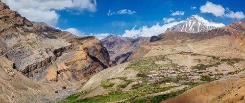 Panorama of Spiti valley and Kibber village in Himalayas. Spiti Valley, Himachal Pradesh, India,