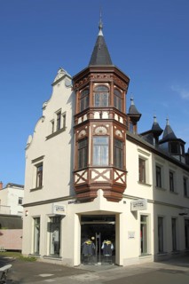 Villa with turret on the corner at the market place in Bad Kissingen, Rhön, Lower Franconia,