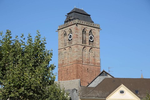 Tower and landmark of the Gothic town church in Bad Hersfeld, Hesse, Germany, Europe