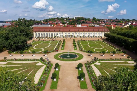 Aerial view, Margravial Court Garden Ansbach with orangery, built 1726-1744, Baroque, park, garden,