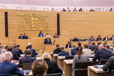 Winfried Kretschmann, Prime Minister, Greens, speaks in the Landtag, Stuttgart, Baden-Württemberg,