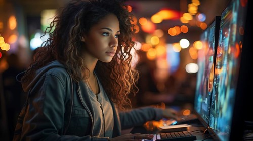 Busy young african american girl working on a computer in an office setting. generative AI