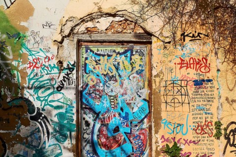 Venetian old town, house wall, door, graffiti, Chania, West Crete, island of Crete, Greece, Europe