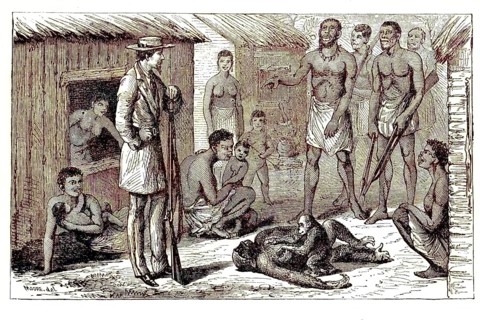 Natives standing in front of a hunter who shot a gorilla that had a cub, 1869, Uganda, Historical,