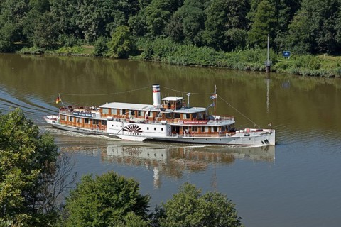 Paddle steamer Freya, Kiel Canal near Schafstedt, Schleswig-Holstein, Germany, Europe