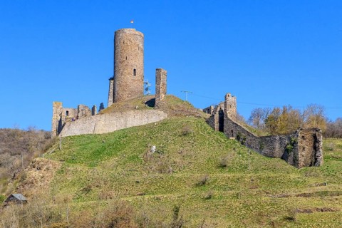 View of Löwenburg Ruin, Monreal, Eifel, Rhineland-Palatinate, Germany, Europe