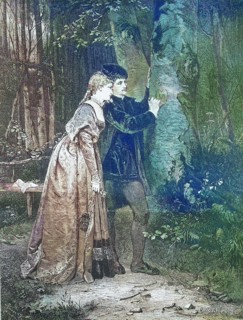 Couple in Love in the Forest Carving a Heart into a Tree Trunk, c. 1875, Historic, digitally