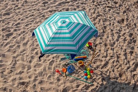 Parasol and sand toys, beach, Kühlungsborn, Mecklenburg-Vorpommern, Germany, Europe